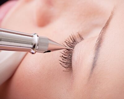 Gently applying eyeliners pigmentation